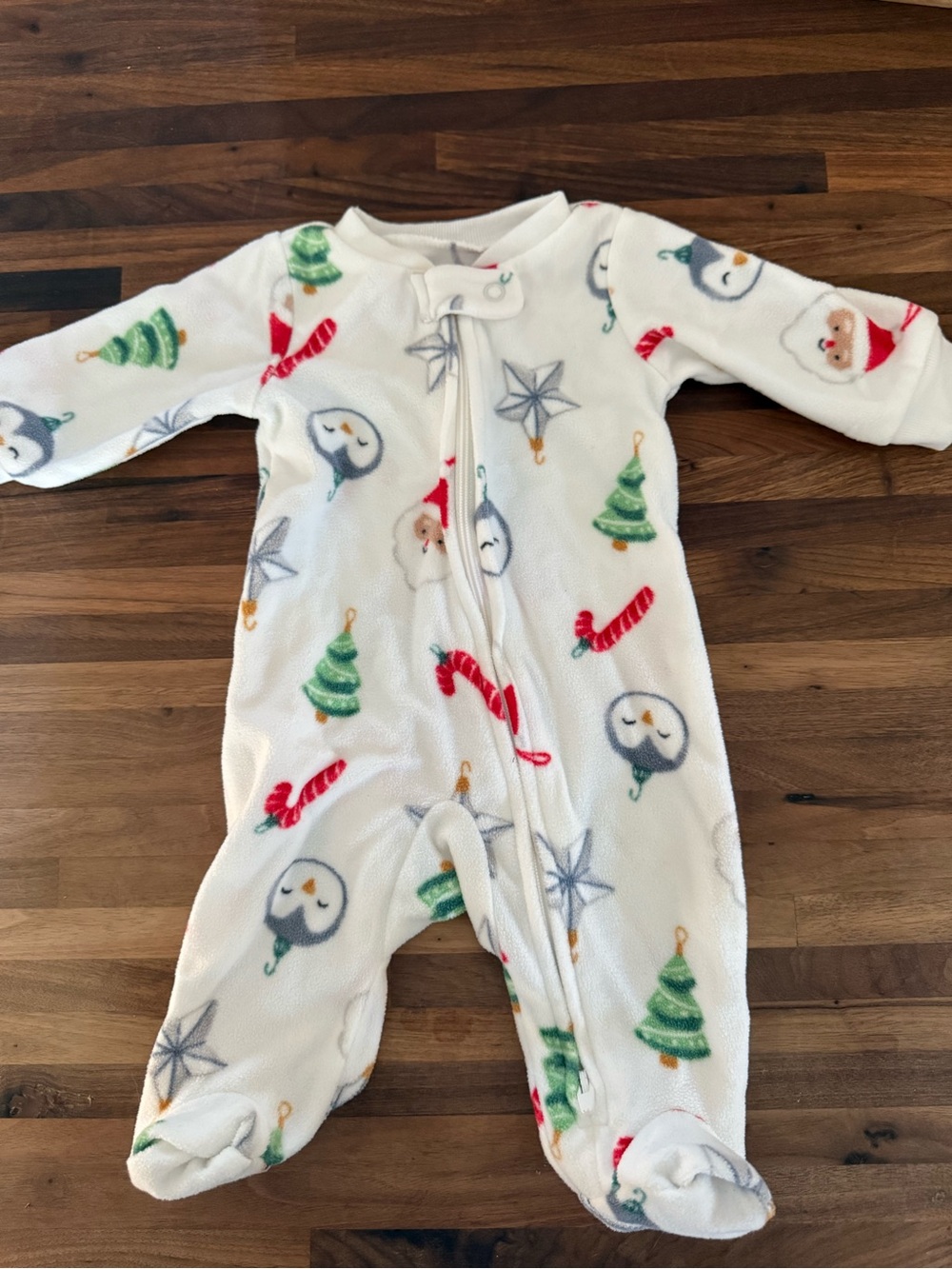 Baby Holiday Fleece One-Piece Sleeper - White with Green & Red Prints